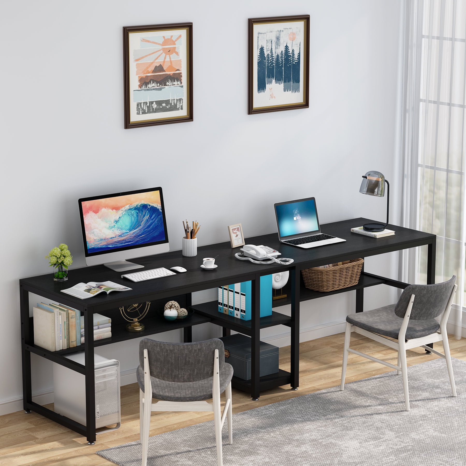 Black Double Workstation Desk with Shelves for Two