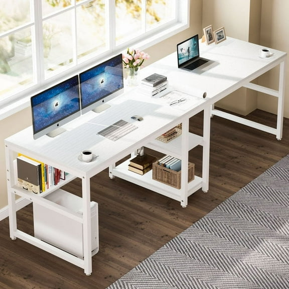 Tribesigns Two Person Desk with Bookshelf, 78.7 Computer Office Double Desk for Two Person, Rustic Writing Desk Workstation with Shelf for Home Office (White)