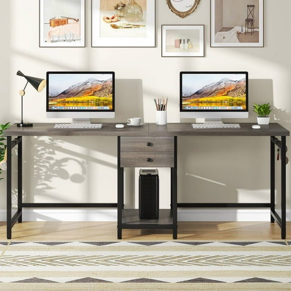 Tribesigns Long Computer Desk with  Shelves, 79 Inch Double Desk with 2 Drawers for Home Office, Gray