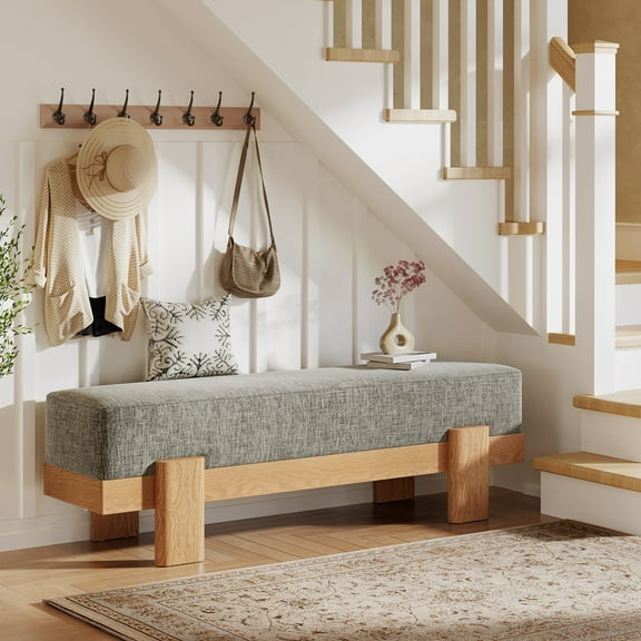Tribesigns Upholstered Entryway Bench, 55-Inch Modern Shoe Bench with Fabric Padded Seat and MDF Frame for Bedroom, Entrance, Living Room, Gray & Oak