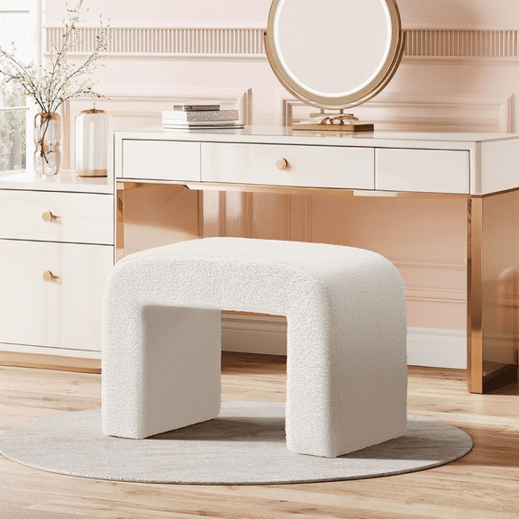 Tribesigns Vanity Stool Chair, Modern Foot Stool Ottoman for Living Room, Faux Sherpa Ottoman Foot Rest for Couch, Fully Assembled, White