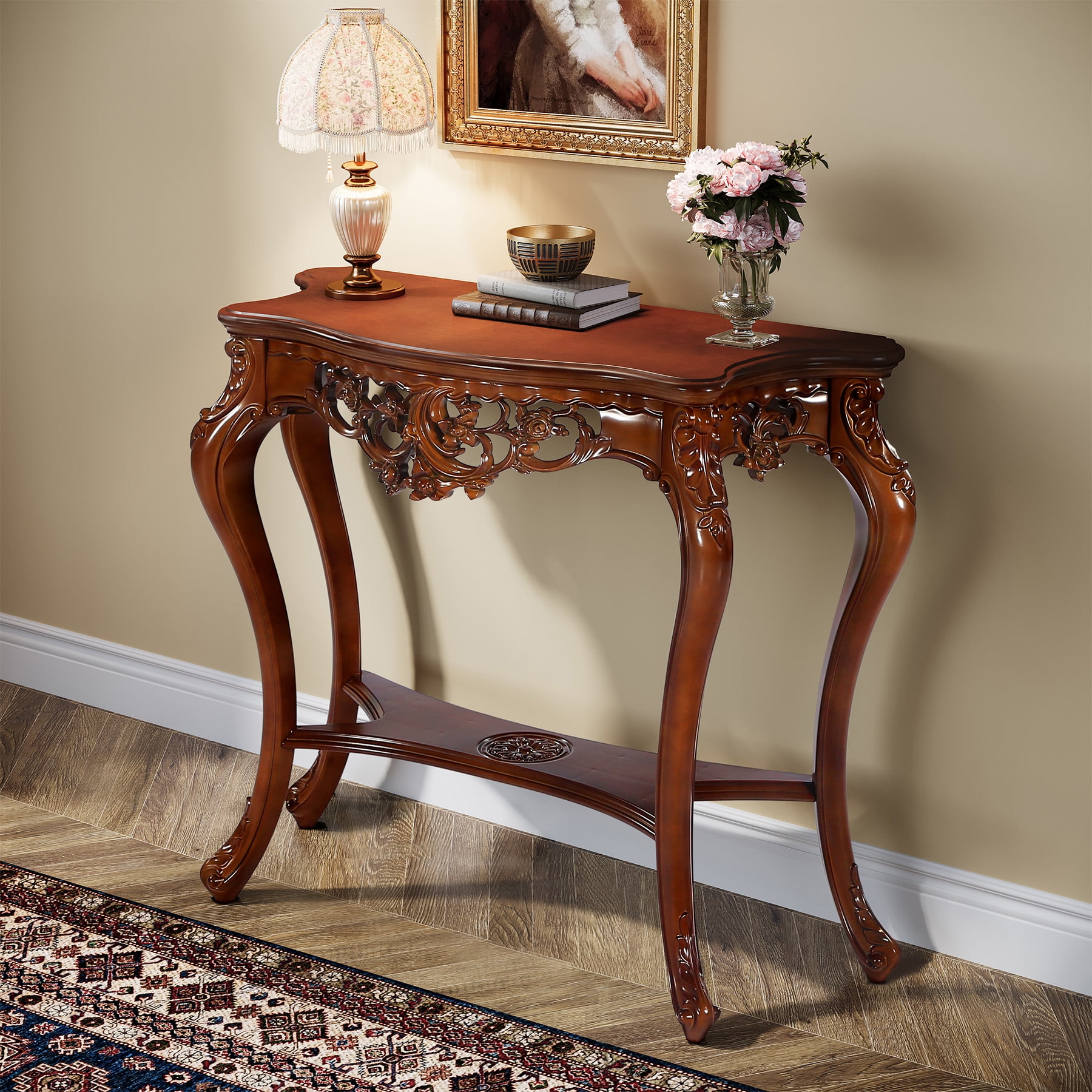 Tribesigns Vintage Carved Console Table , 38 inch Decorative Sofa Entryway Tables with Hollow Floral Apron and Cabriole Legs for Living Room, Hallway