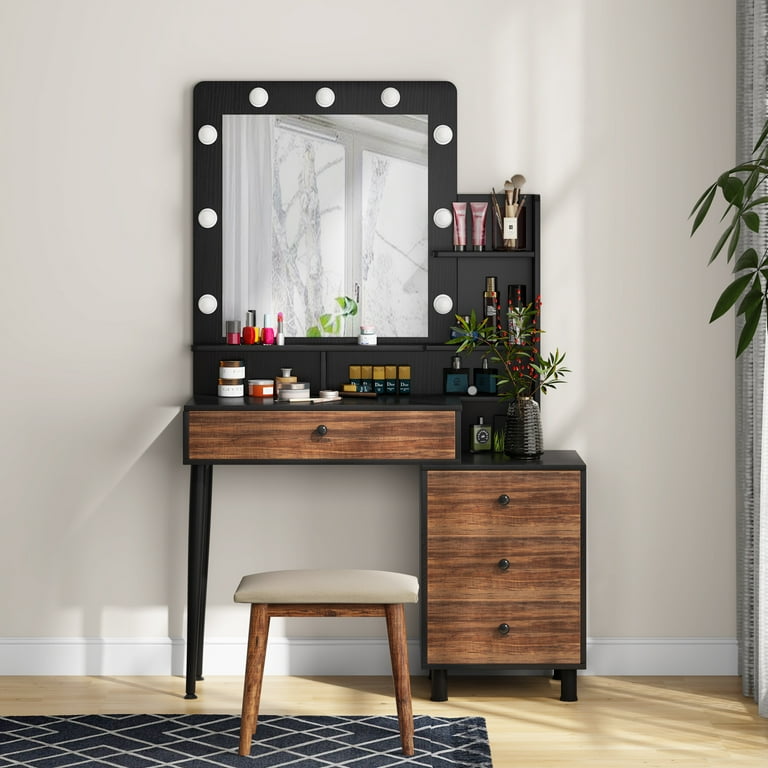 Tribesigns Vintage Vanity Table with Lighted Mirror and Drawers Dresser Table for Women