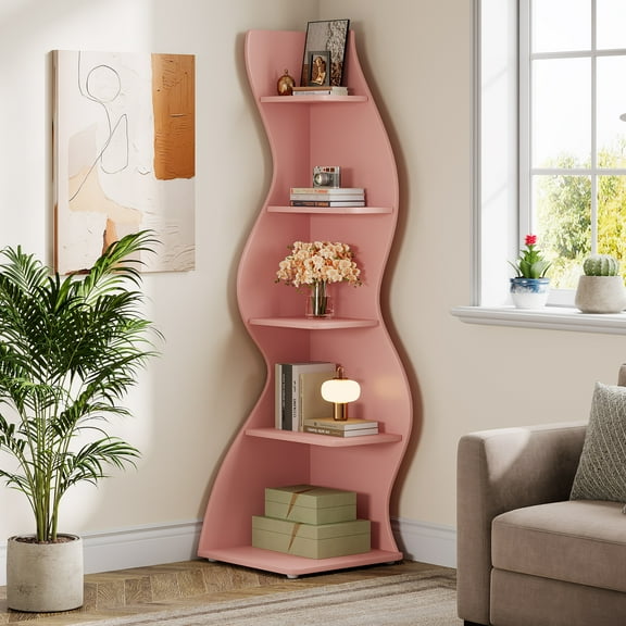 Tribesigns 5-Tier Corner Shelf  Modern Wall Bookshelf & Storage Rack for Plants (Pink)