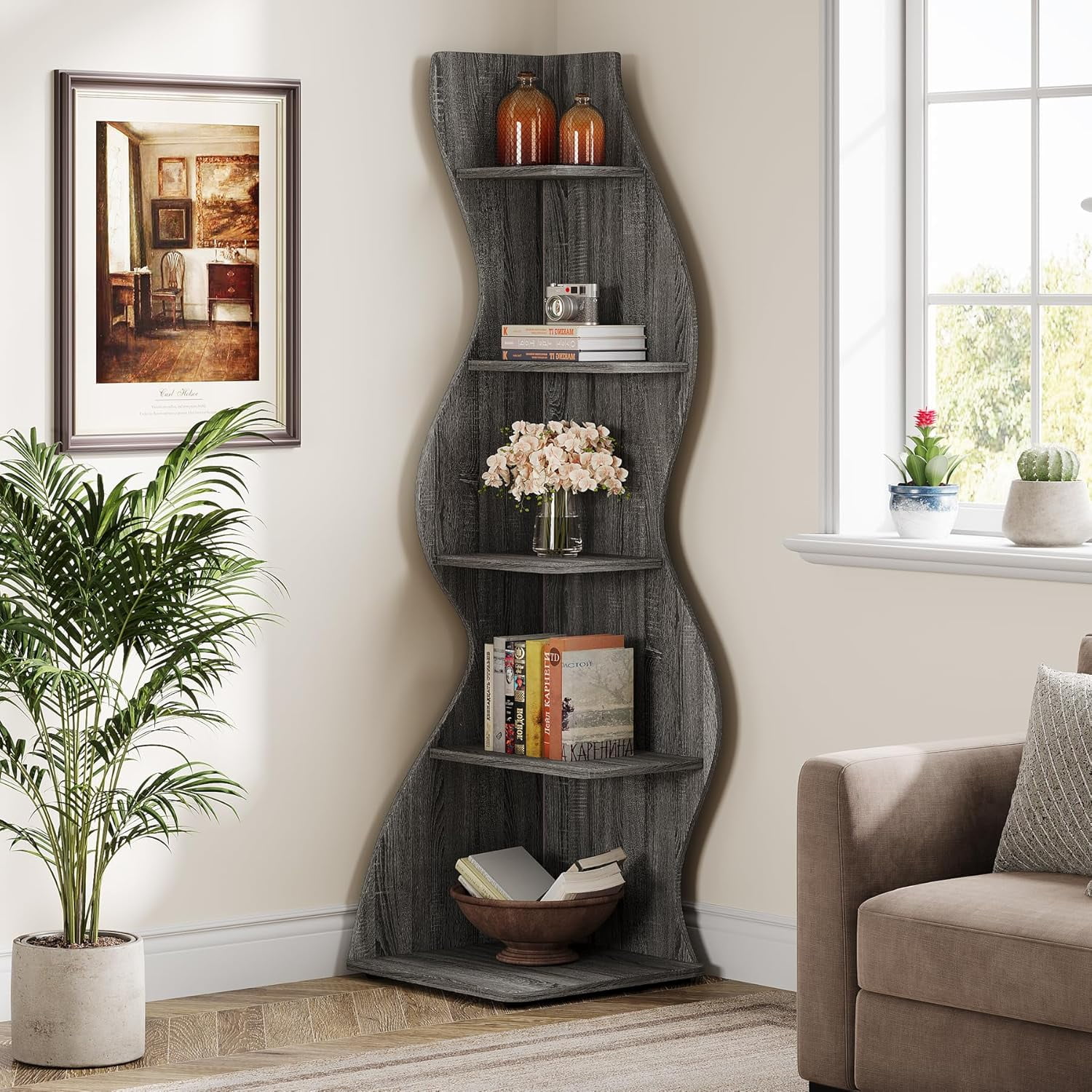 Tribesigns Wavy Corner Shelf, Modern 5-Tier Bookshelf Bookcase