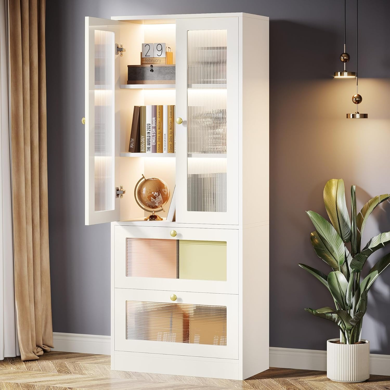 Led Bookcase Tribesigns White Bookcase with Acrylic Doors, 70.9-Inch Tall Bookshelf ...
