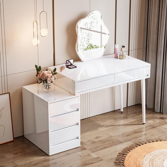 Finmind White Desk with 5 Drawers, Modern Home Office Desk with Storage Drawers and Printer Stand, Reversible Computer Desk Vanity Desk for Bedroom, Living Room
