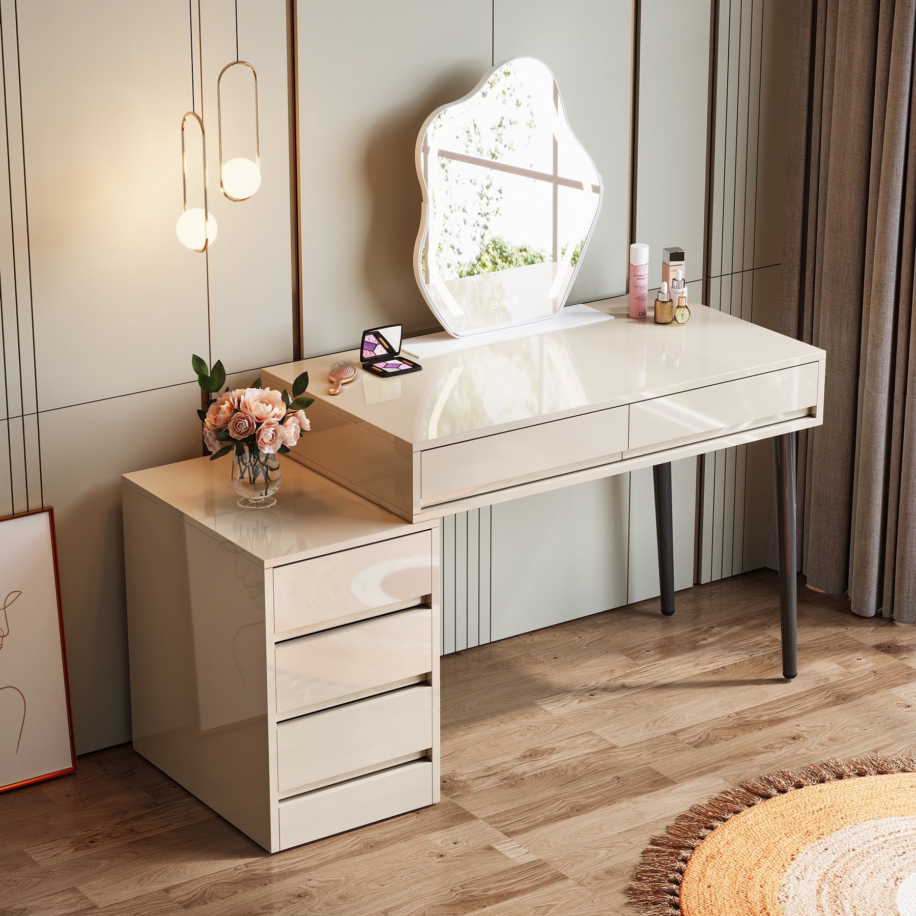 Finmind White Desk with 5 Drawers, Modern Home Office Desk with Storage Drawers and Printer Stand, Reversible Computer Desk Vanity Desk for Bedroom, Living Room