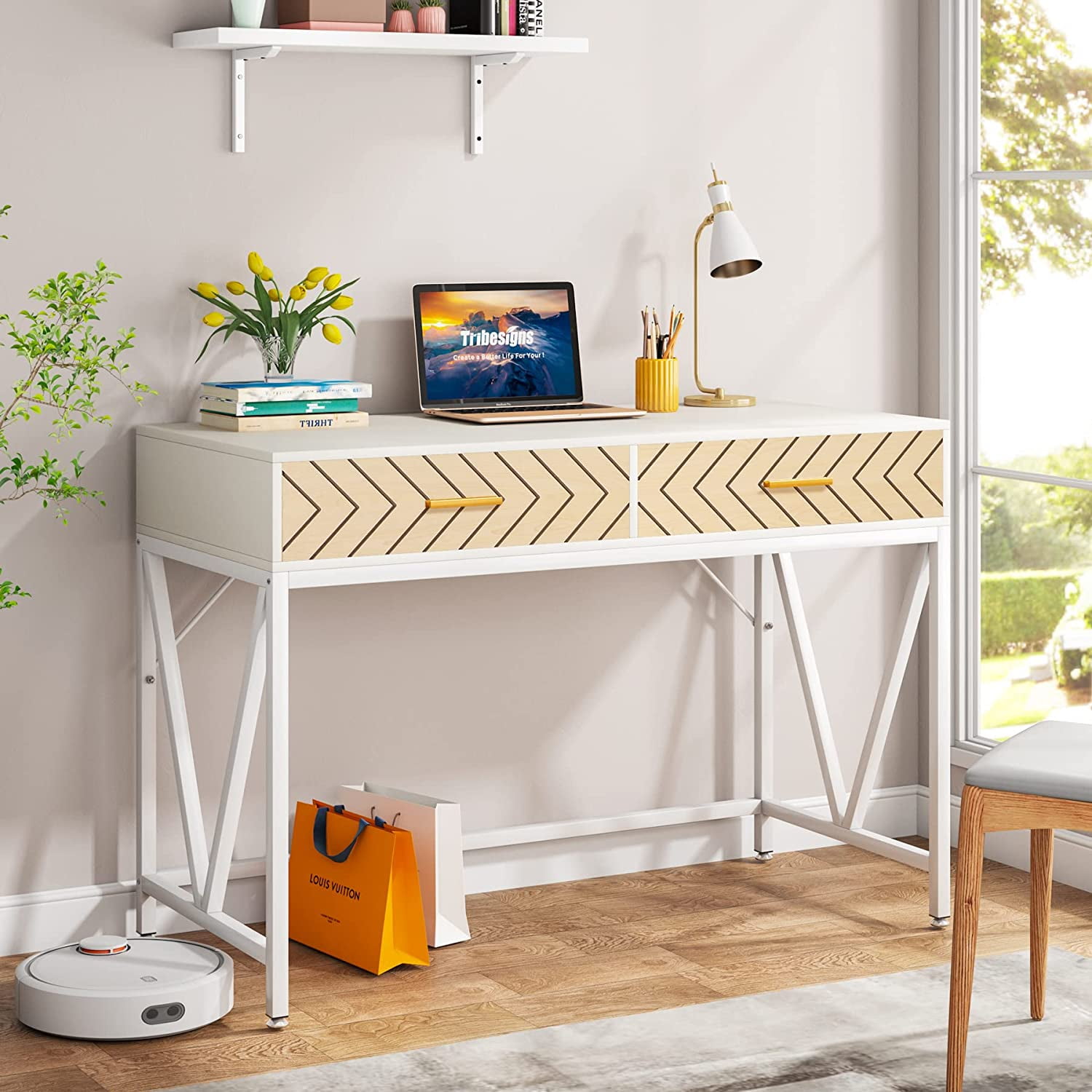 Tribesigns White Desk with Drawers & Metal Legs, Modern Vanity