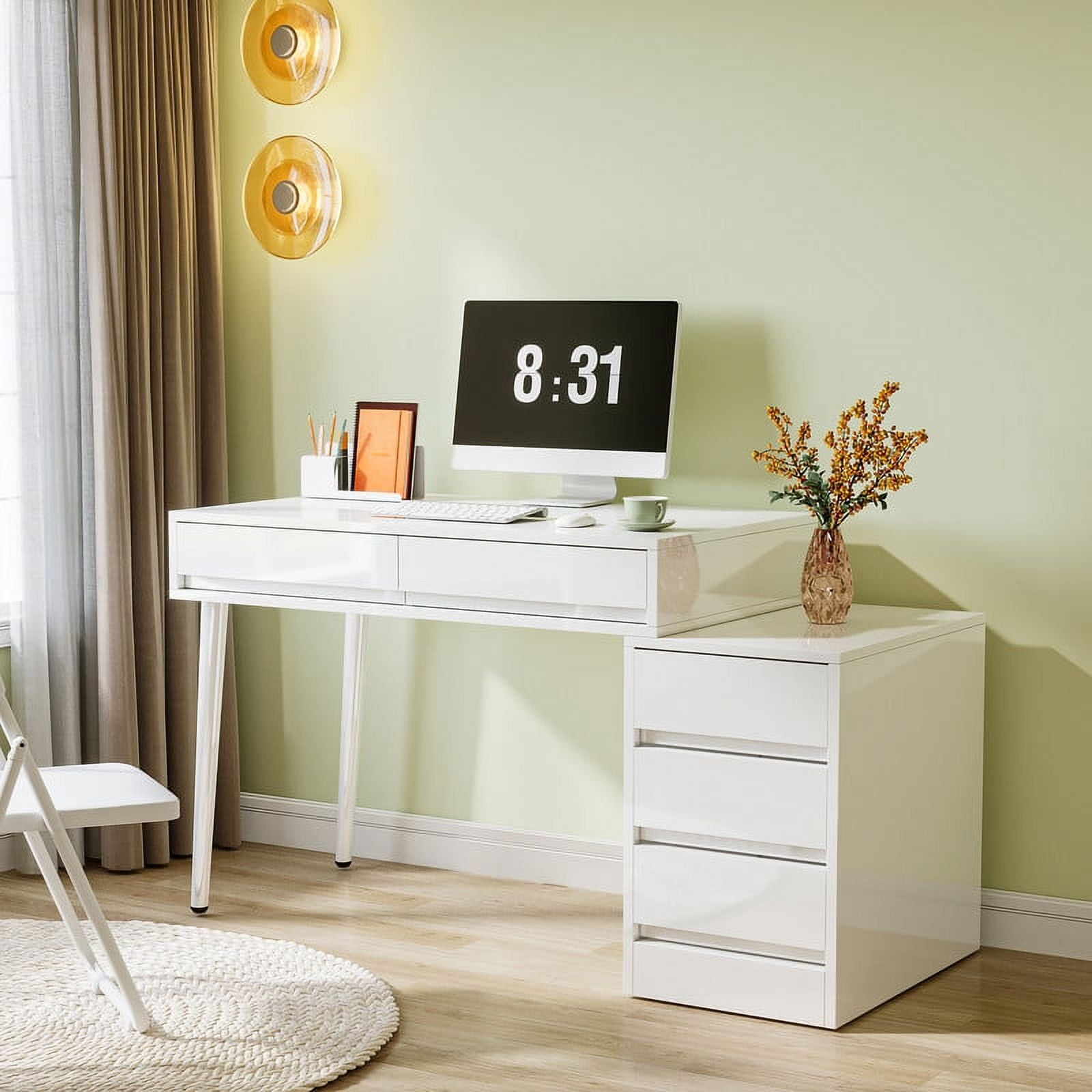 Tribesigns White Desk with Drawers, Modern Home Office Desk with