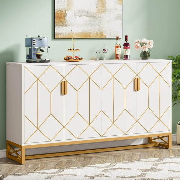 Finmind White Gold Buffet Cabinet with Storage Kitchen Sideboard Storage Cabinet 59" Modern Buffet Cabinet with Doors
