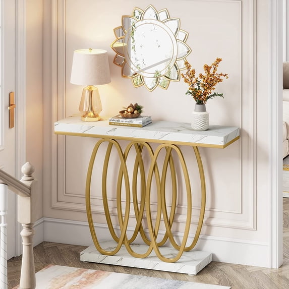 Tribesigns White Gold Console Table, Modern Entry Table with Gold Legs, Faux Marble Accent Table Entrance, Living Room, Hallway (Gold & White)