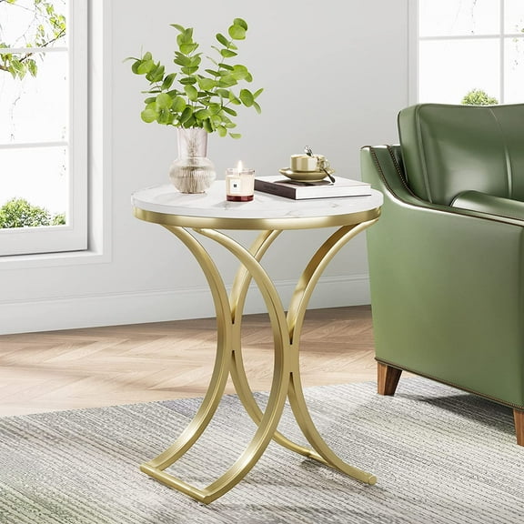 Finmind White Gold Side Table Small C End Table Modern Round Coffee Table Accent Table Bedside Table Round Nightstand with Gold Metal Frame and Faux Marble Veneer Engineered Wood for Living Room