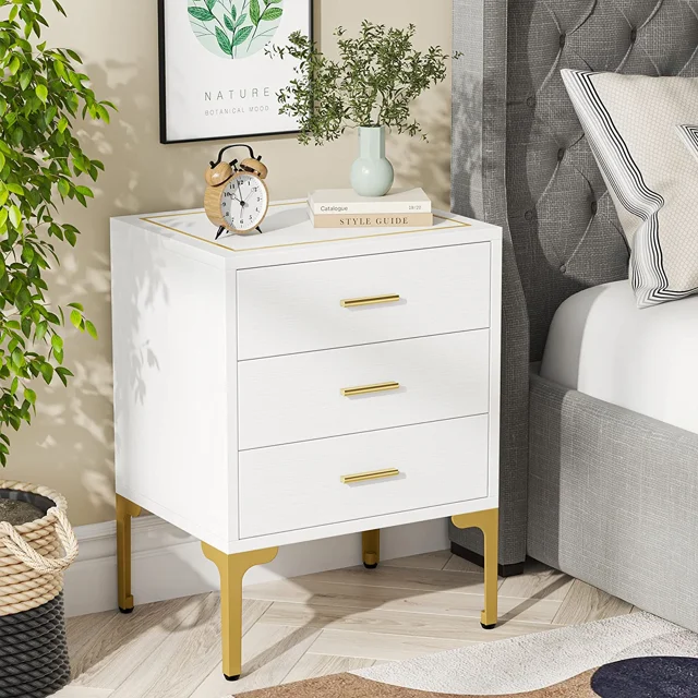 Tribesigns White and Gold Nightstand, 3Drawer Wood Night Stands End