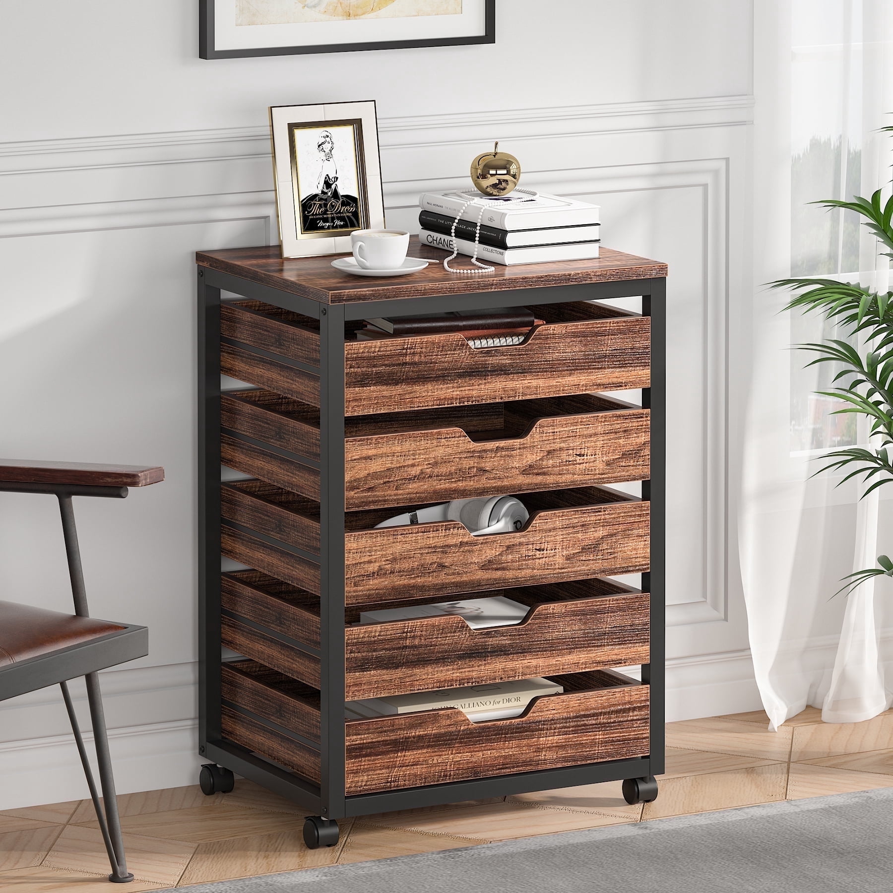 Tribesigns Industrial 5-Drawer Dresser for Bedroom, Small Portable Chest of Drawers with Wheels and Metal Frame for Living Room, Rustic Brown