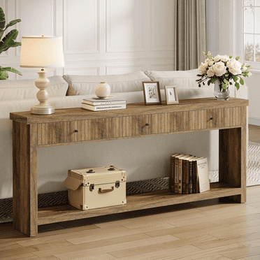 Tribesigns Wood Console Table with Drawers, 70.9 inch Sofa Table Furniture with Open Storage Shelves Tables for Living Room Hallway Hall Entrance, Light Brown