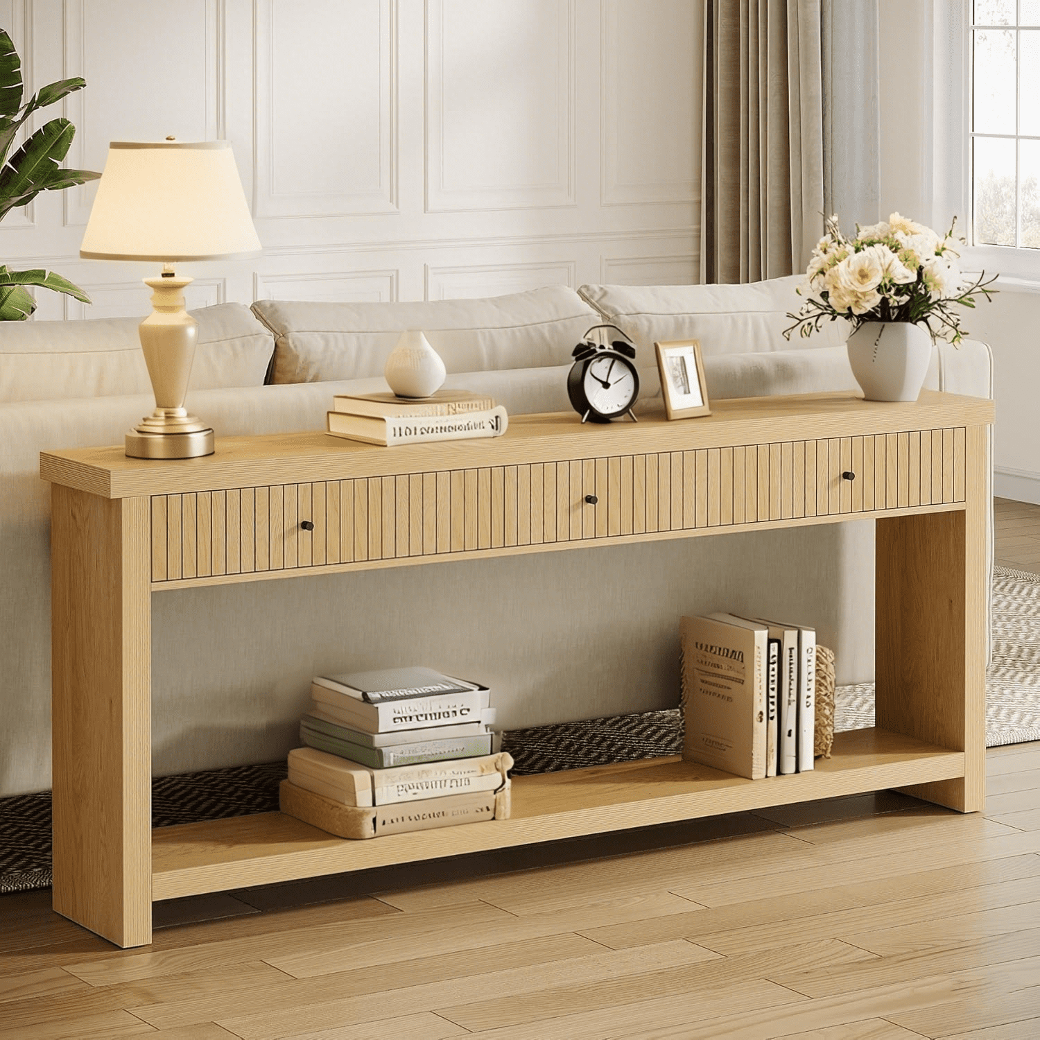 Oak Light Brown 70.9" Console Table with Drawers and Shelves