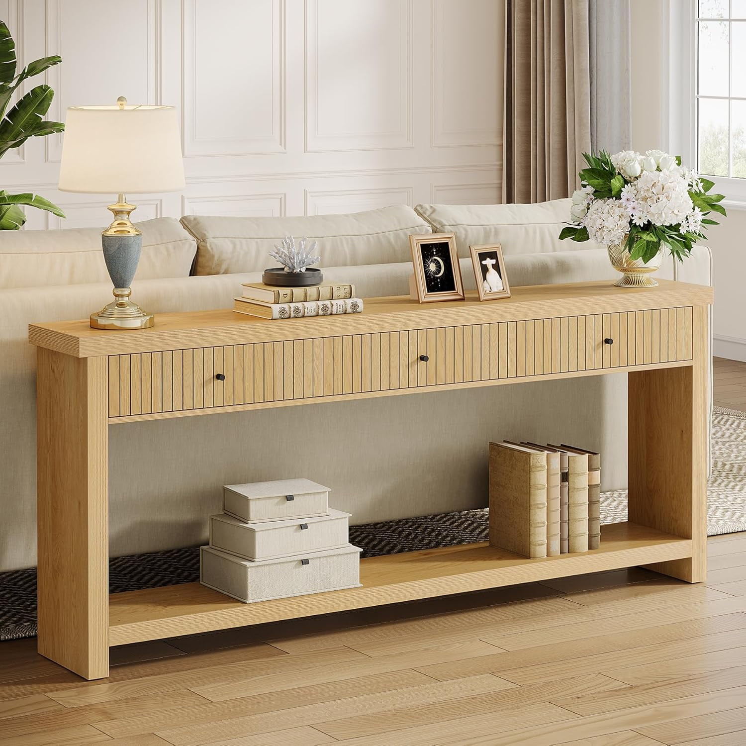 Oak Light Brown 70.9" Console Table with Drawers and Shelves