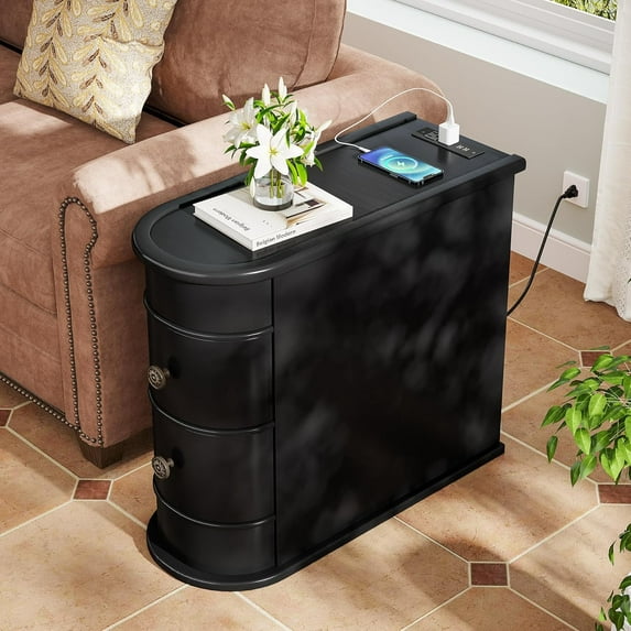 Tribesigns Wood End Table, 2-Drawer Narrow Side Table with Charging Station