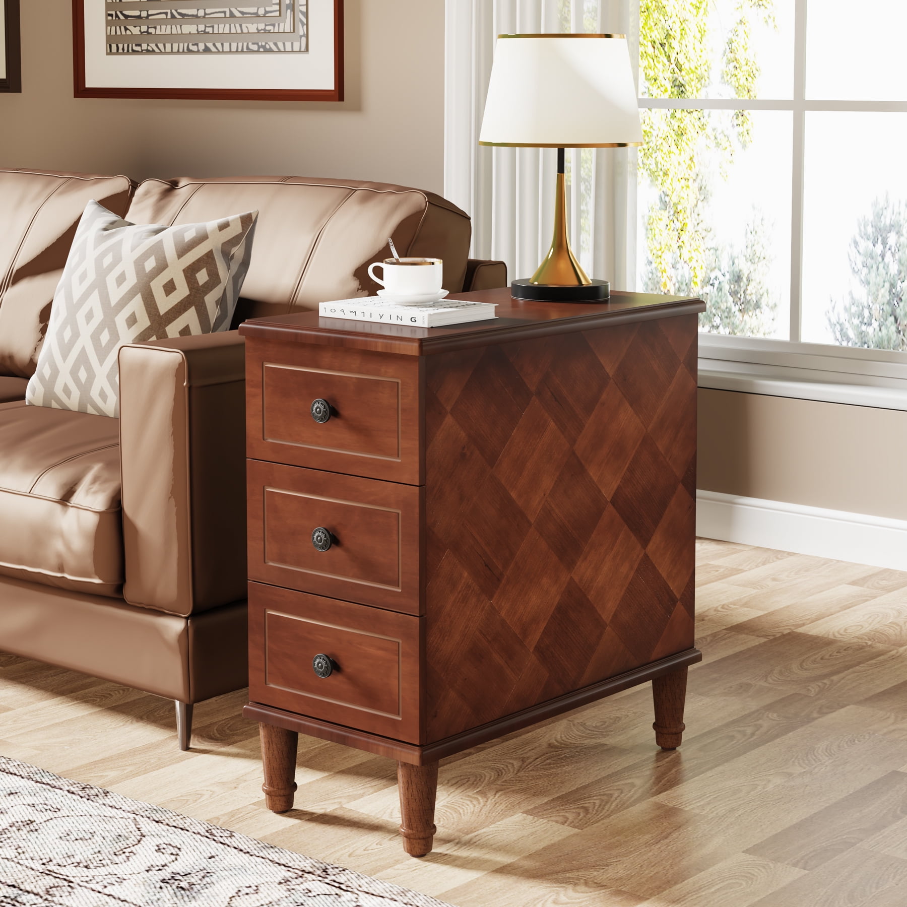 Brown Solid Wood 3-Drawer Narrow End Table