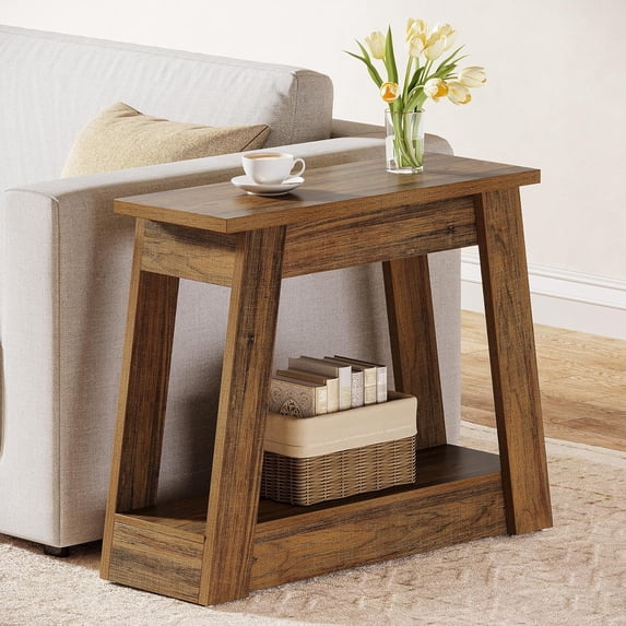 Tribesigns Wood End Table, Rustic Narrow Side Table with 2 Storage Shelves for Living Room, Bedroom (1)