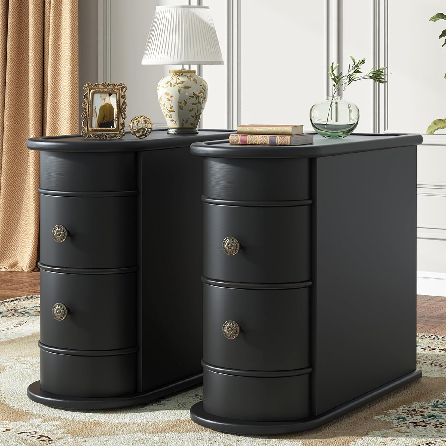 Black Wooden Slim Nightstand with 2 Drawers