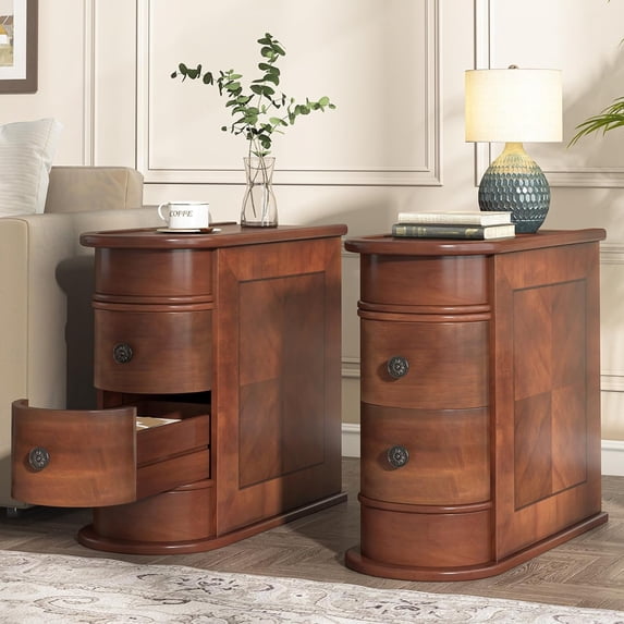 Finmind Wood End Table Set of 2, Narrow Solid Side Table 2-Drawer Slim Chair Side Table, No Assembly Required, Finished Back