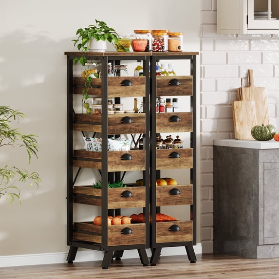 Tribesigns Wood Fruit and Vegetable Storage Rack Set of 2, 5-Tier Narrow Snack Stand Fruit Basket Kitchen Stand, Rustic Brown and Black