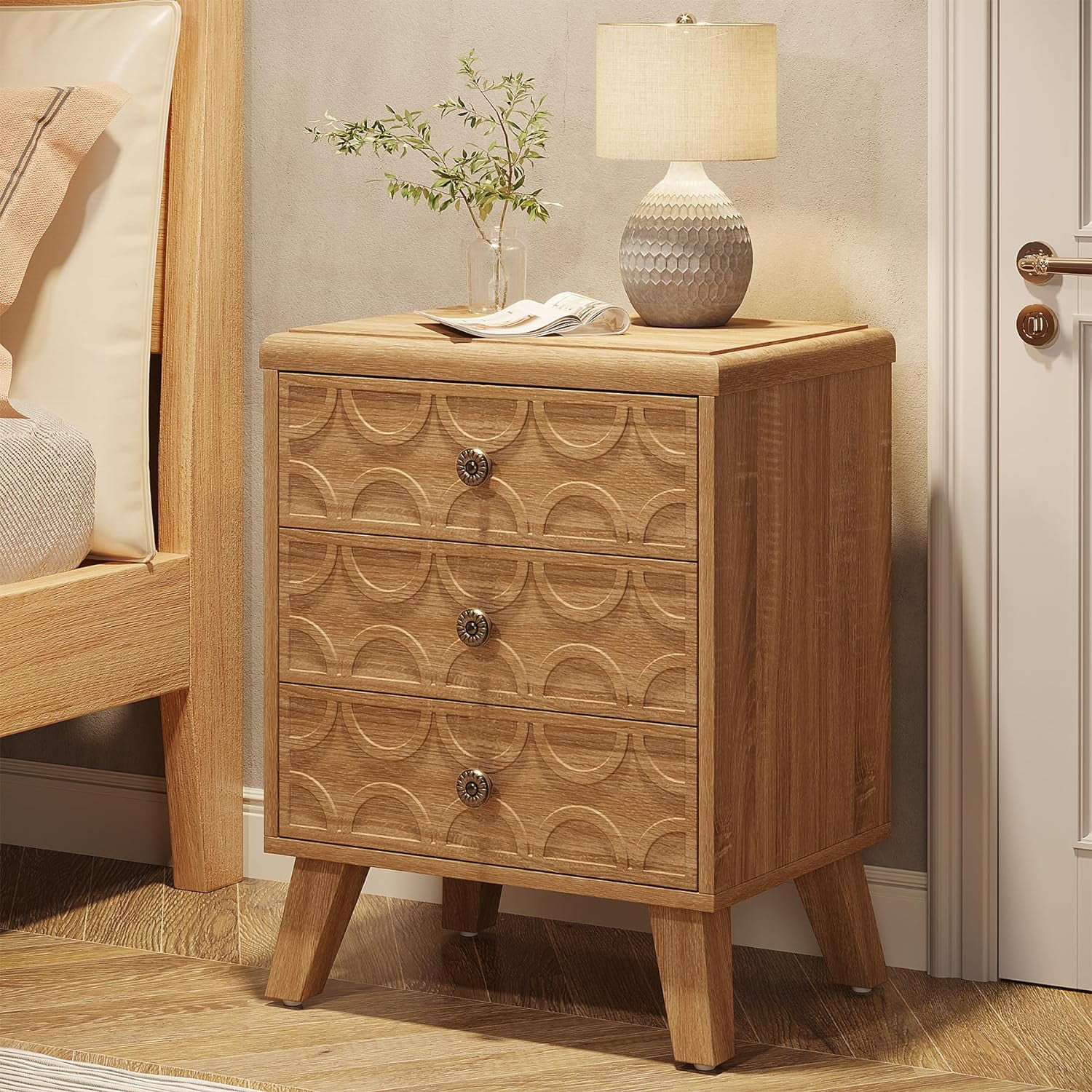 Tribesigns Wood Nightstand, 3Drawer Bed Side Table, MidCentury Modern