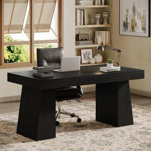 Tribesigns Wooden Executive Desk, 55-Inch Computer Writing Table with Double Pedestal, Black