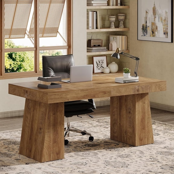 Tribesigns Wooden Executive Desk, 55-Inch Computer Writing Table with Double Pedestal, Light Brown