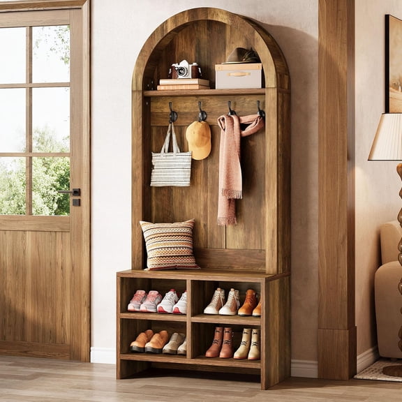 Tribesigns Wooden Hall Tree, 71" H Arched Coat Rack with Bench and Shoe Storage, Entryway Bench with Coat Rack, 4 Hooks & 4 Cubbies