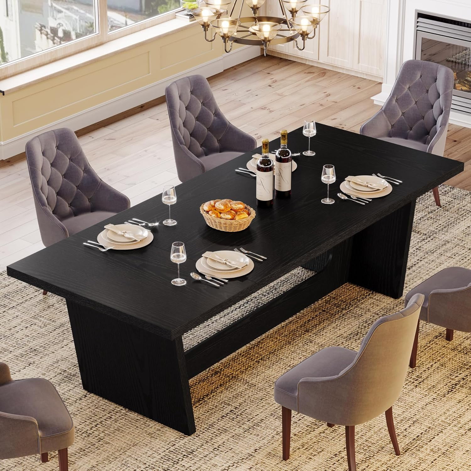 Tribesigns Wooden Large Dining Table for 6-8 People, 70.87-Inch Rectangular Farmhouse Kitchen Table,Black