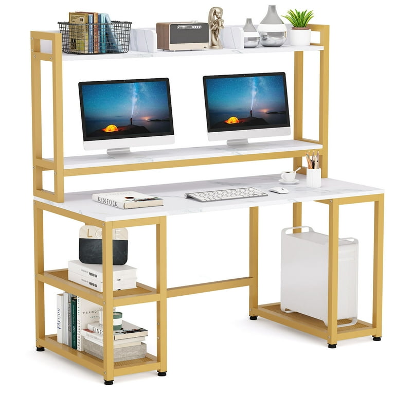 Tribesigns Working Desk with Hutch Study Writing Desk Workstation with Shelves for Home Office Faux Marble White Gold