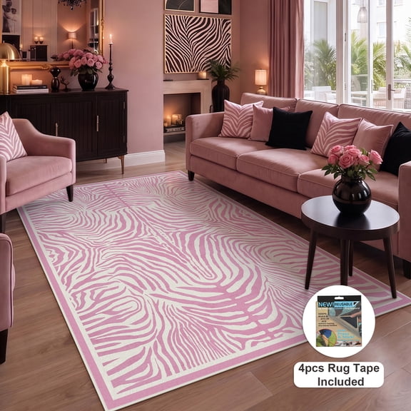 Fnova Zebra Print 5x7 Pink Washable Area Rug for Girls Bedroom, Soft Non Slip Nursery Living Room Rug, Boho Modern Animal Non-Slip Indoor Carpet for Dorm Kids Playroom, Oeko-Tex Certified