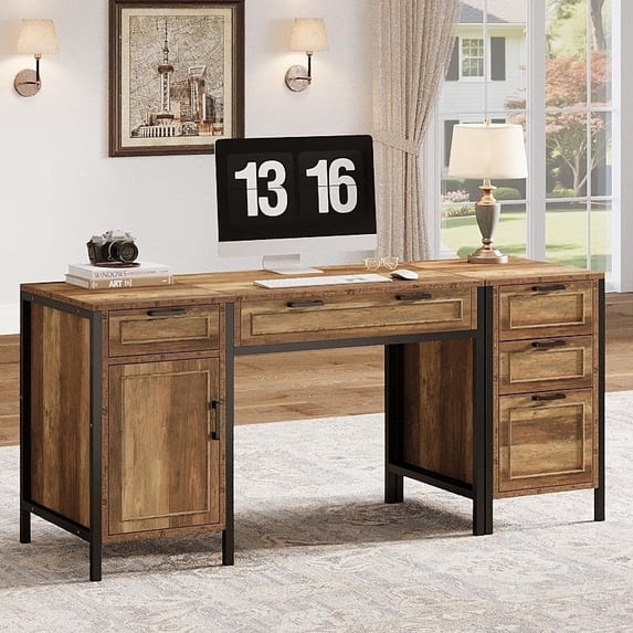 Tribesigns 65" Farmhouse Computer Desk with 5 Drawers, Wooden Home Office Desk with Cabinet, Large Study Writing Table for Working, Studying, Rustic Brown