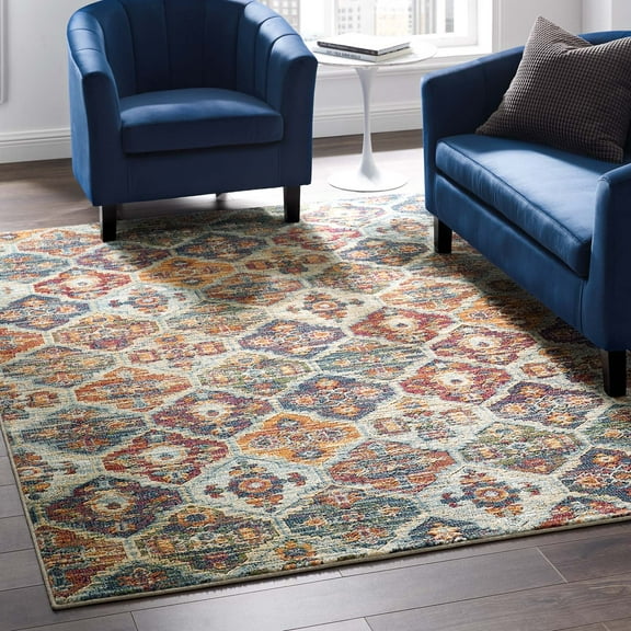 Tribute Azalea Distressed Vintage Floral Lattice 5x8 Area Rug in Multicolored