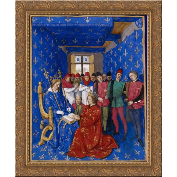 Tribute of Edward III to Philip 24x20 Gold Ornate Wood Framed Canvas Art by Jean Fouquet