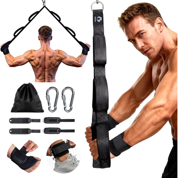 Tricep Rope Cable Attachment with 6 Anti-Slip Handles, Extra-Long Adjustable Pull Down Rope with Wrist Brace & Ankle Strap for Pushdowns, Crunches & Extensions, Cable Machine Attachment for Home