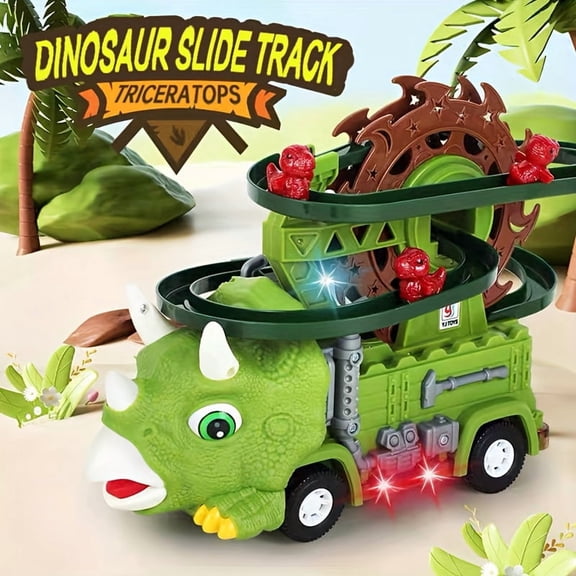 Triceratops Dinosaur Slide Track Toy with Moving Arms & Obstacle Avoidance, Green Dino Action Figure & Track System, Safe Low Voltage Kids Toy for Toddlers Boys Girls Age 3+, Birthday Christmas Hallo