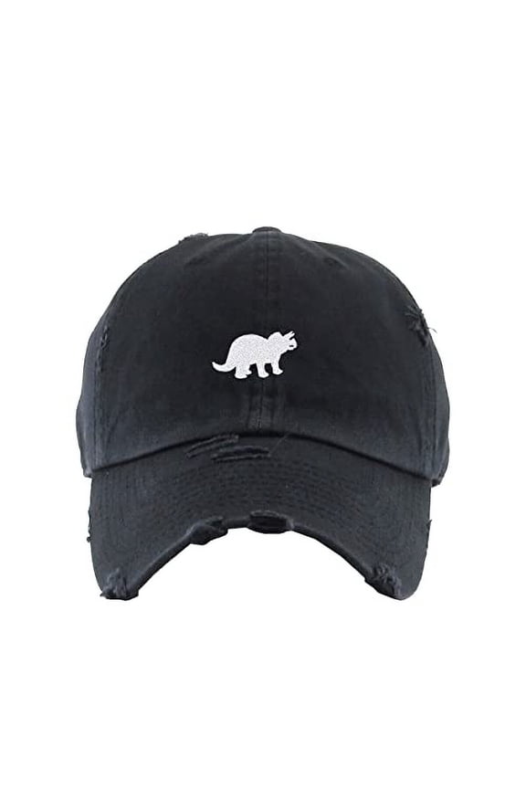 Triceratops Dinosaur Vintage Baseball Cap Embroidered Cotton Adjustable Distressed Dad Hat Brush Black