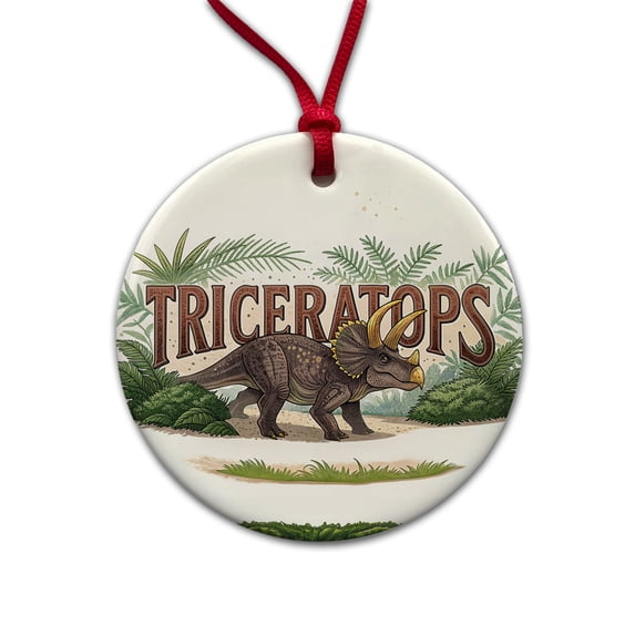Triceratops Horned Dinosaur Cartoon Christmas Tree Holiday Round Ceramic Ornament