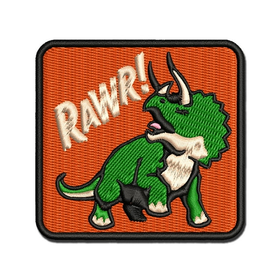 Triceratops Rawr Roar Dinosaur Applique Multi-Color Embroidered Iron-On Patch - 3 Inch Medium