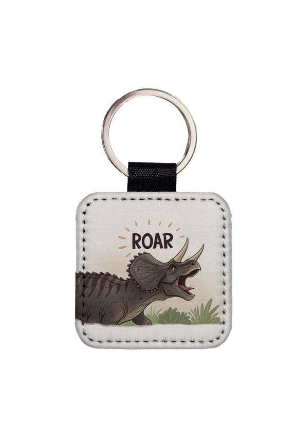 Triceratops Roar Dinosaur Faux Leather Square Keychain