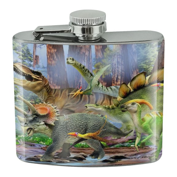 Triceratops T-Rex Stegosaurus Jurassic Dinosaurs Stainless Steel 5oz Hip Drink Kidney Flask