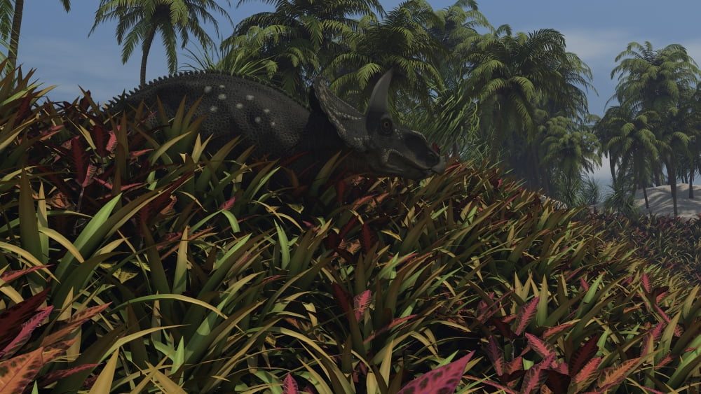 Triceratops grazing on lush foliage Canvas Art - Kostyantyn IvanyshenStocktrek Images (38 x 22)