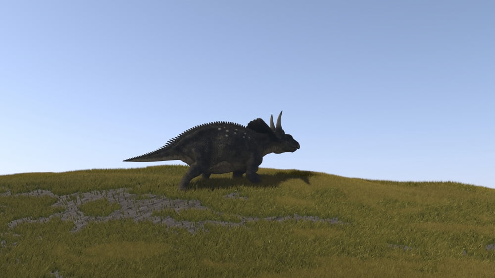 Triceratops walking across a grassy field Canvas Art - Kostyantyn IvanyshenStocktrek Images (19 x 11)
