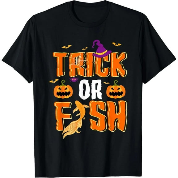 Trick Or Fish Graphic Tee Pumpkin Design Humorous Fishing Enthusiast T-Shirt Top Black S-5XL