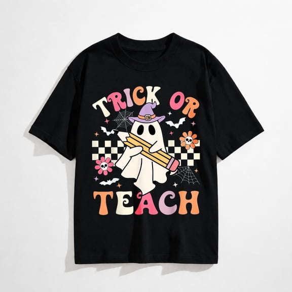 Trick Or Teach Groovy Teacher Halloween Retro Floral Ghost T-Shirt