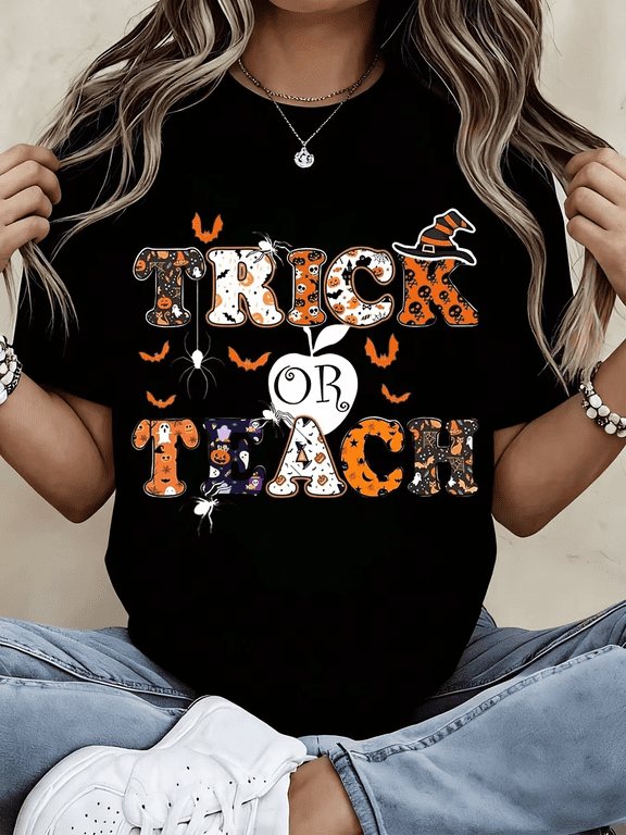 Trick Or Teach Halloween Teacher Shirt Women's Funny Costume Tee Orange Black Witch Hat Design Autumn Festival Wear